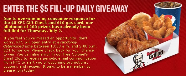 KFC Gift Card 5 FillUp Daily Giveaway Cashin your